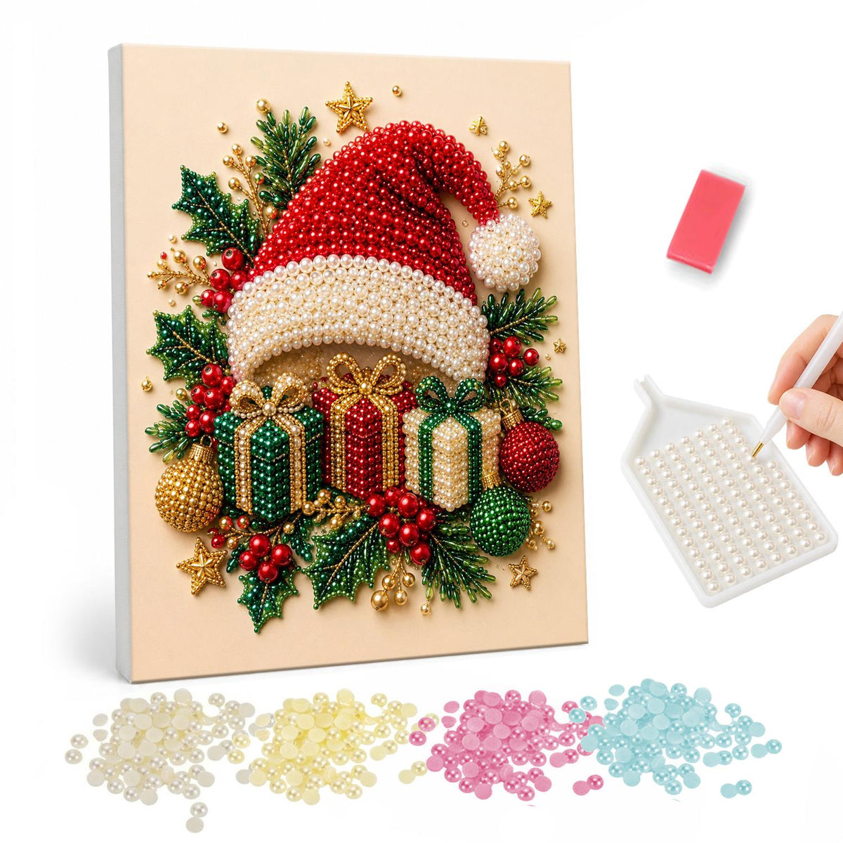 Santa Hat on a Gift Pile pearl painting – Red Santa hat resting on a pile of wrapped gifts with holly, berries and baubles on cream