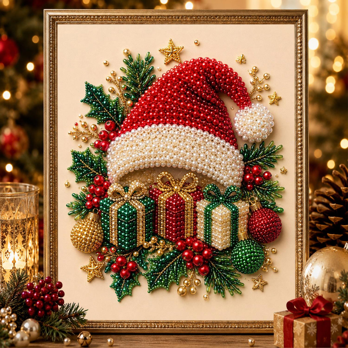 Santa Hat on a Gift Pile pearl painting – image 2