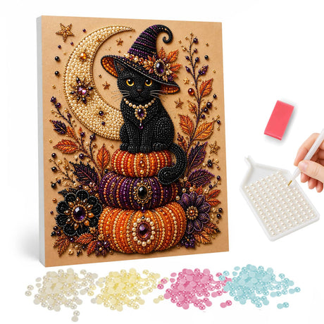 Black Cat Witch Hat and Jeweled Pumpkins pearl painting – image 1