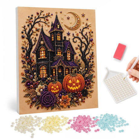 Gothic Manor with Jack-O'-Lanterns pearl painting – Dark purple gothic house with lit windows between twisted trees, jack-o'-lanterns and roses below a crescent moon