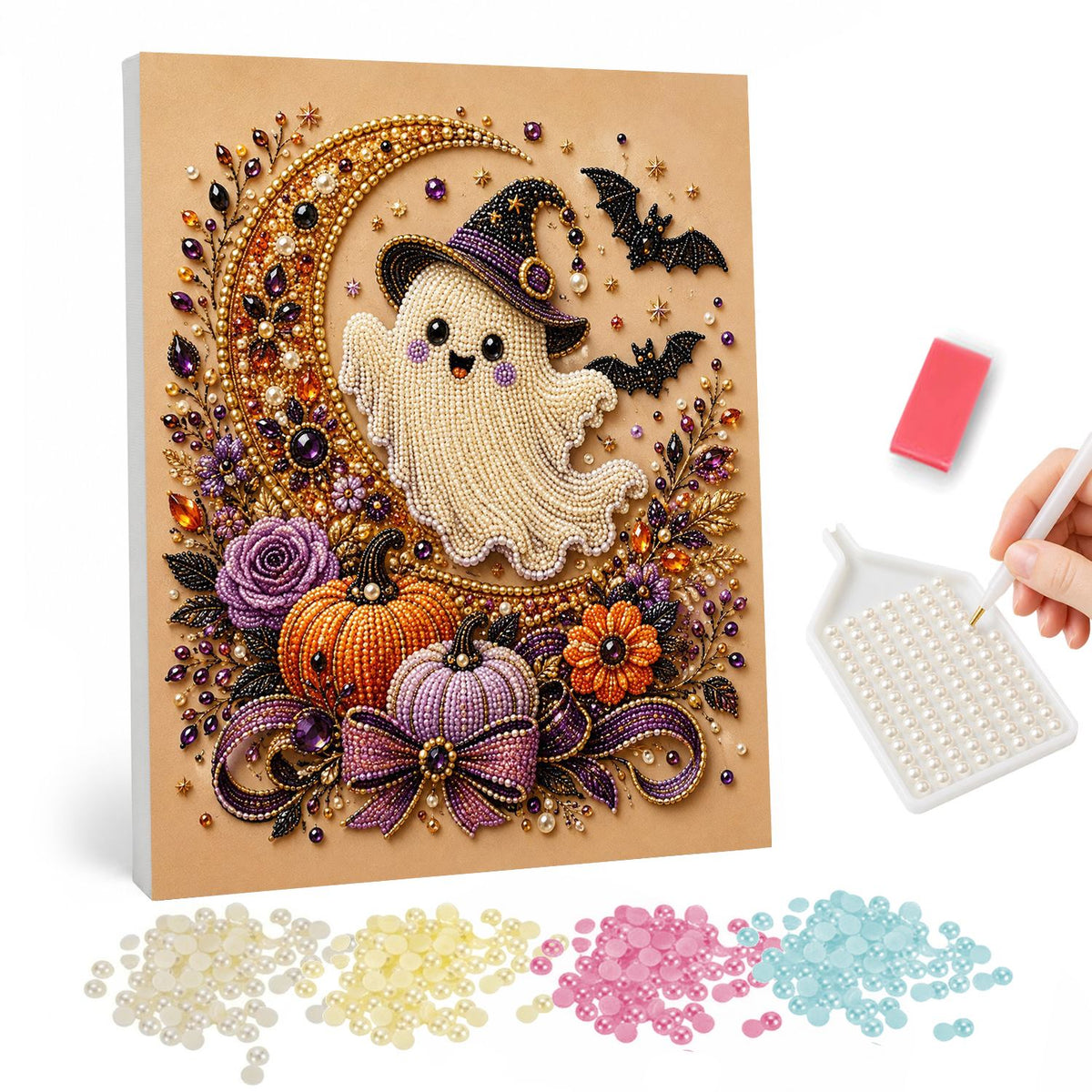 Ghost Cradled in the Crescent pearl painting – Smiling ghost in a small witch hat nestled in a jeweled crescent moon above pumpkins, bats and a purple bow