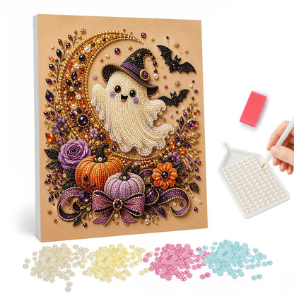 Ghost Cradled in the Crescent pearl painting – Smiling ghost in a small witch hat nestled in a jeweled crescent moon above pumpkins, bats and a purple bow