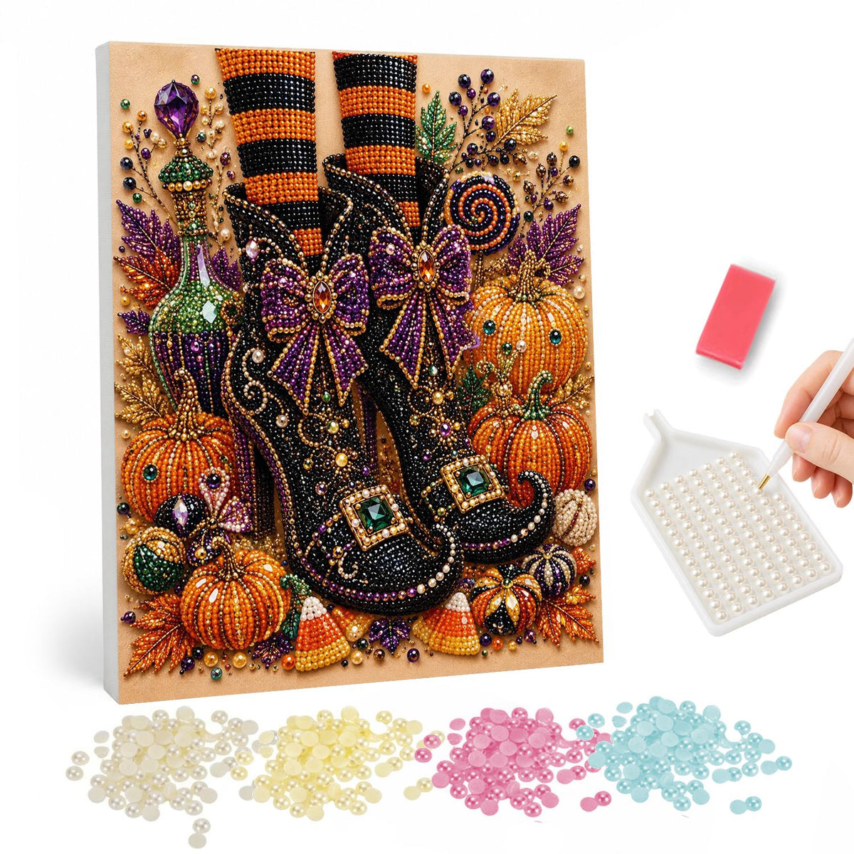 Witch's Boots and Candy Corn pearl painting – Witch's legs in orange-striped stockings and buckled black boots with purple bows among pumpkins and candy corn