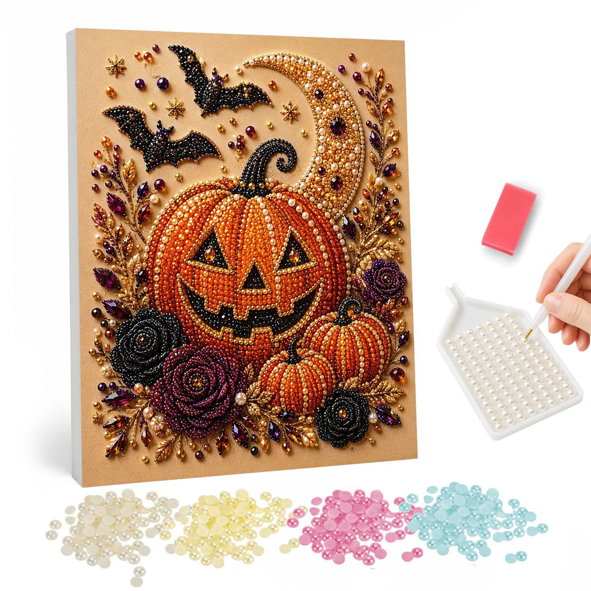 Grinning Jack-O'-Lantern and Bats pearl painting – Jeweled grinning jack-o'-lantern among black roses and small pumpkins with bats and a crescent moon