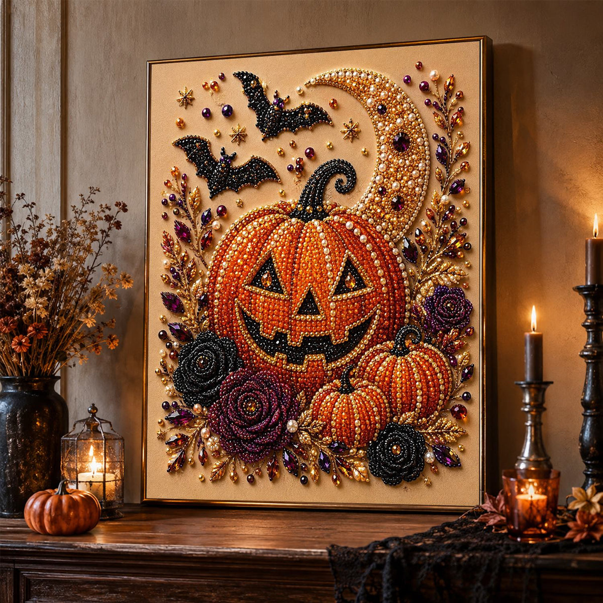 Grinning Jack-O'-Lantern and Bats pearl painting – image 2