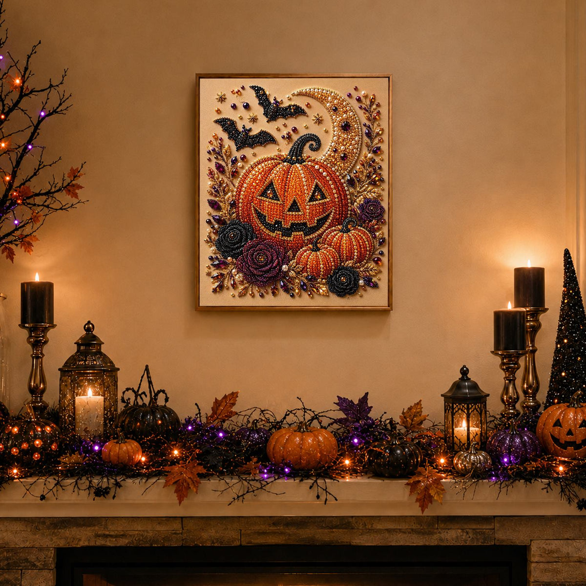 Grinning Jack-O'-Lantern and Bats pearl painting – image 3