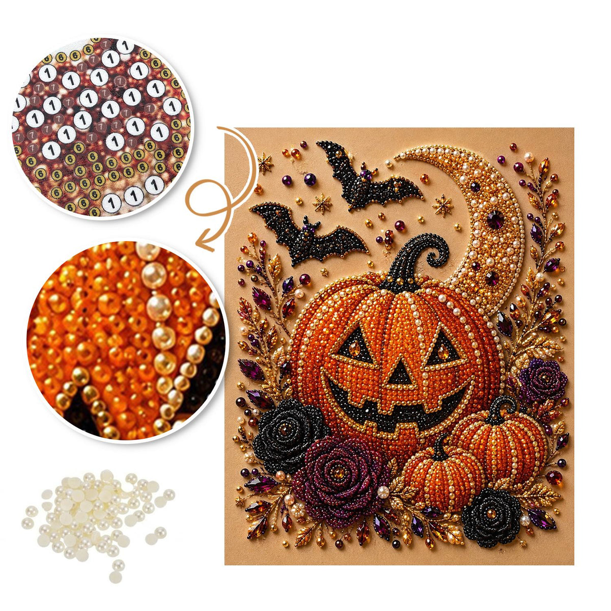 Grinning Jack-O'-Lantern and Bats pearl painting – image 6