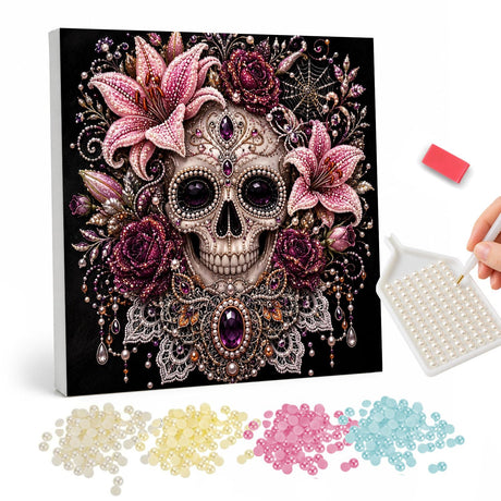 Jeweled Skull with Pink Lilies and Purple Roses pearl painting – image 1
