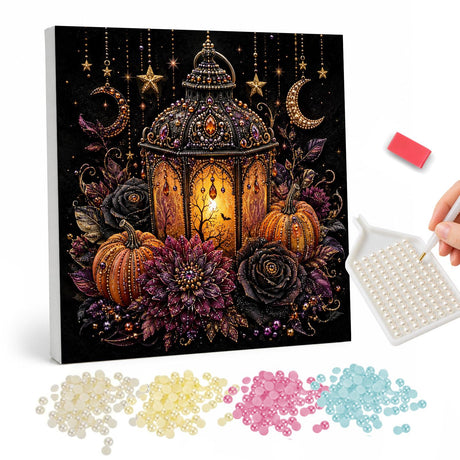 Jeweled Halloween Lantern with Pumpkins and Roses pearl painting – image 1