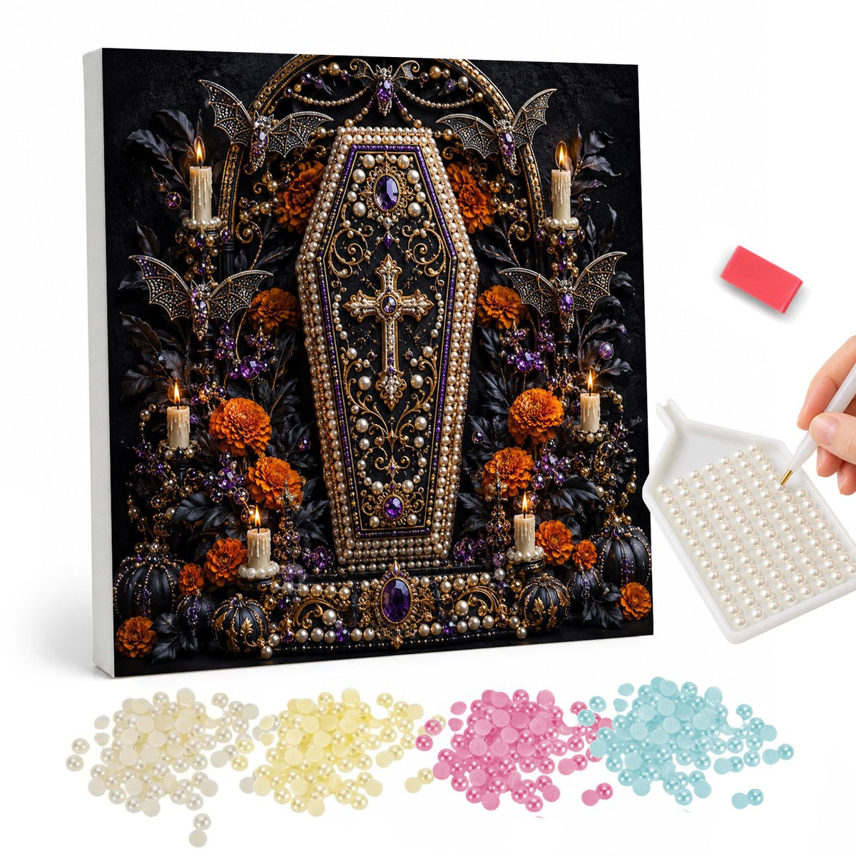 Candlelit Gothic Coffin pearl painting – Bead-studded coffin with a cross between tall candles, bats, orange marigolds and dark pumpkins