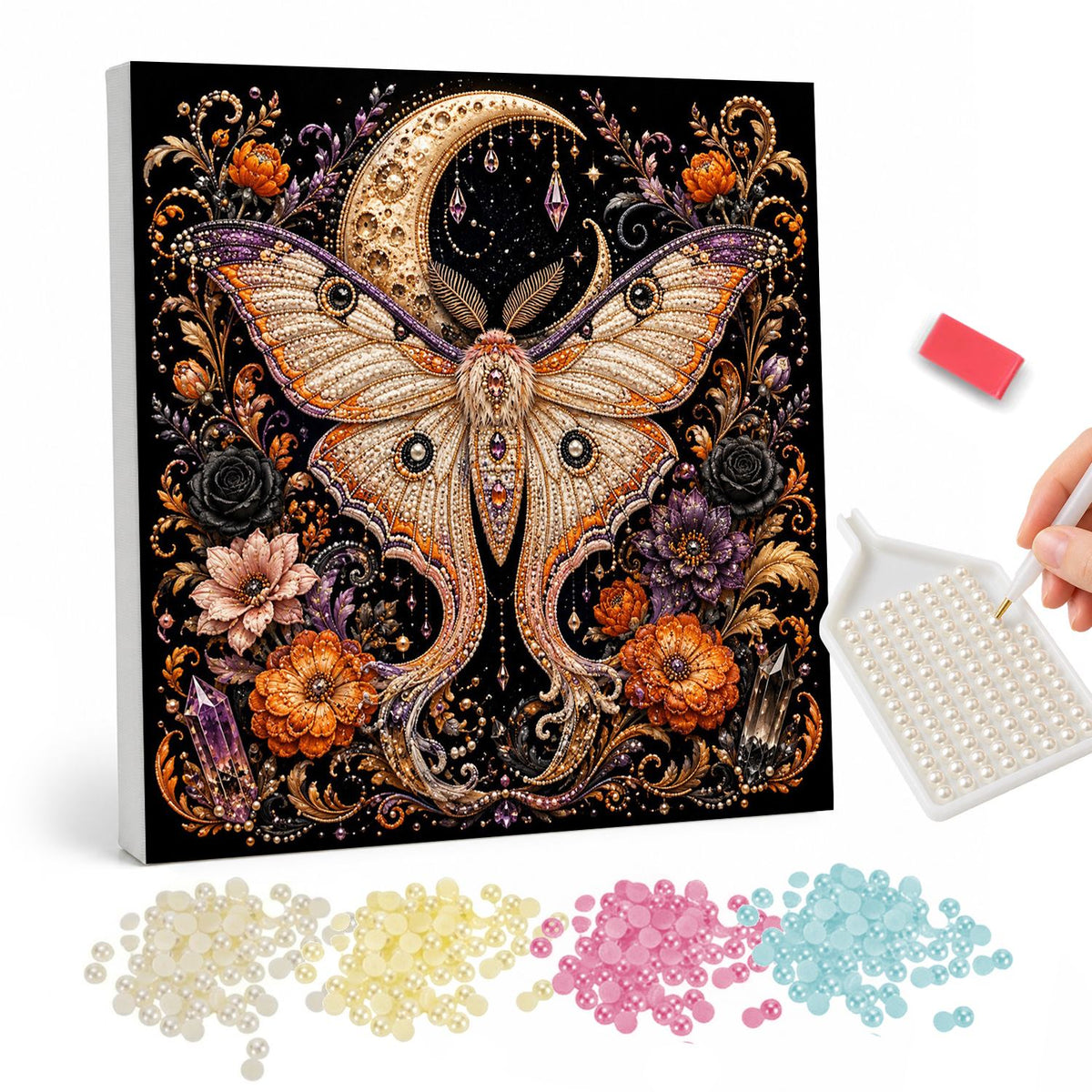 Luna Moth Beneath the Crescent pearl painting – Pale luna moth with spread wings beneath a jeweled crescent moon, orange flowers, black roses and crystals