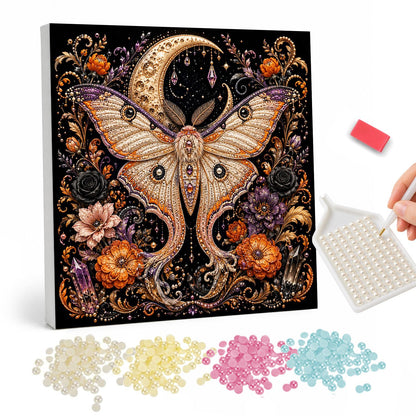 Luna Moth Beneath the Crescent pearl painting – Pale luna moth with spread wings beneath a jeweled crescent moon, orange flowers, black roses and crystals