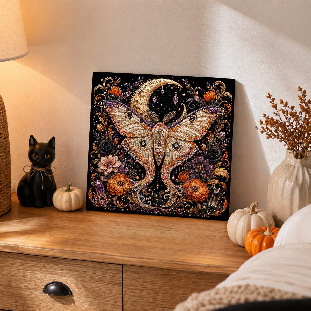 Luna Moth Beneath the Crescent pearl painting – image 2