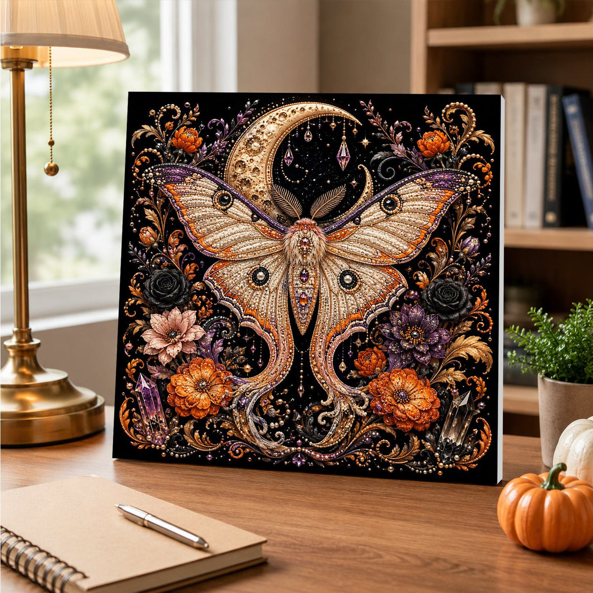 Luna Moth Beneath the Crescent pearl painting – image 5