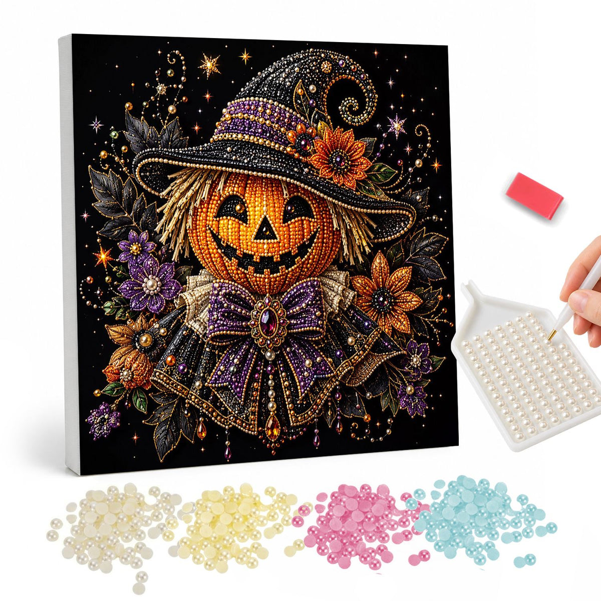 Jack-O'-Lantern in a Witch Hat pearl painting – Grinning jack-o'-lantern head in a jeweled witch hat with a purple bow and ruffled collar among flowers