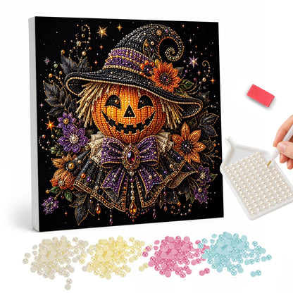 Jack-O'-Lantern in a Witch Hat pearl painting – Grinning jack-o'-lantern head in a jeweled witch hat with a purple bow and ruffled collar among flowers