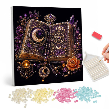 Candlelit Grimoire and Crystals pearl painting – Open ornate spellbook marked with a crescent moon and pentacle, with candles, amethyst crystals and roses