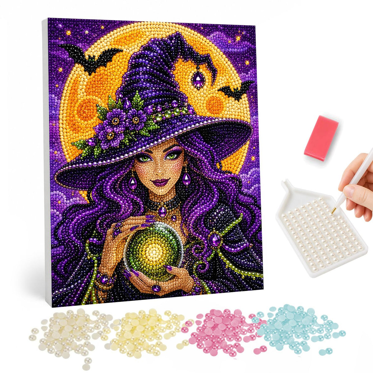 Violet Witch and Crystal Ball pearl painting – Witch with flowing purple hair and a flower-trimmed hat cradling a glowing crystal ball before a full moon