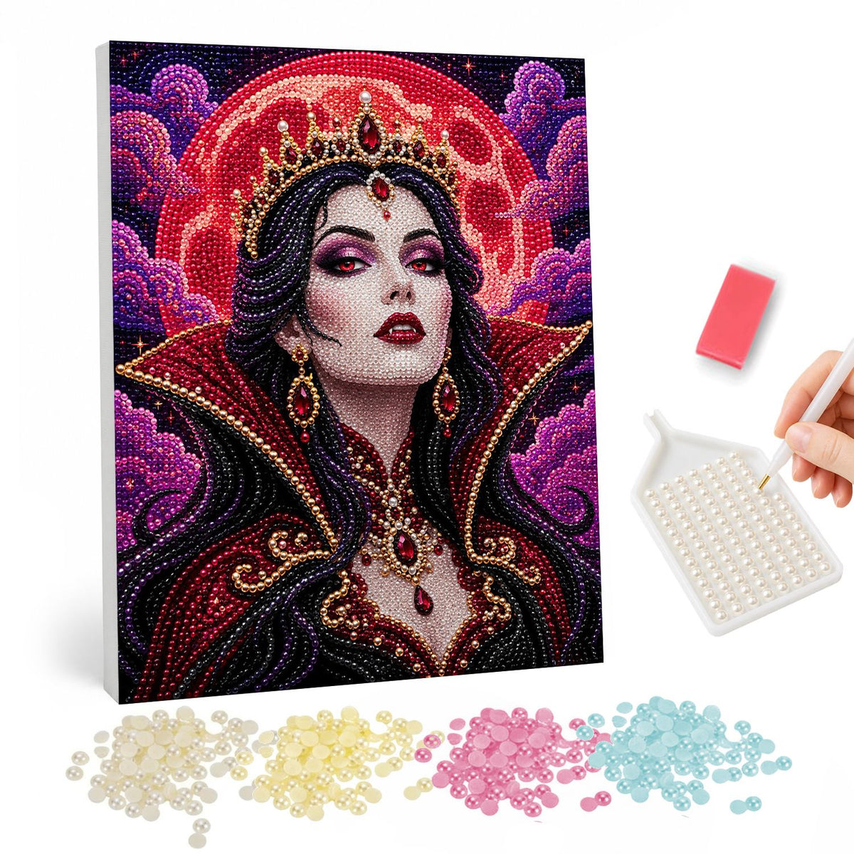 Vampire Queen and Blood Moon pearl painting – Pale dark-haired queen with a jeweled tiara and high red collar before a blood-red moon and purple clouds