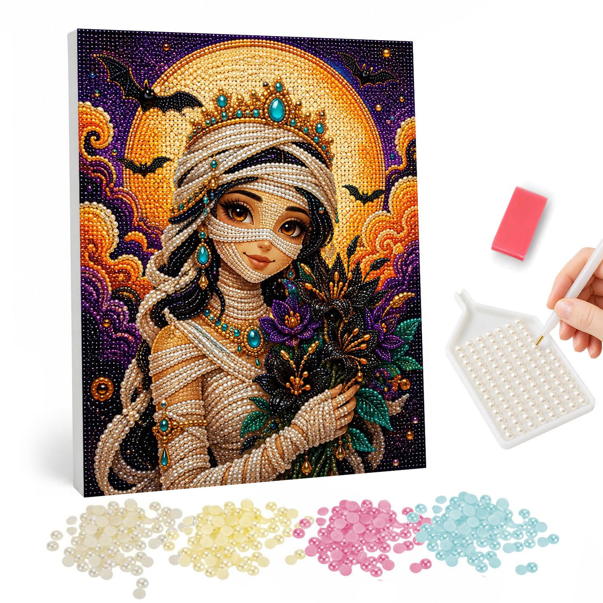 Mummy Princess with Bouquet pearl painting – Young woman wrapped in mummy bandages wearing a jeweled crown, holding dark flowers before a golden moon