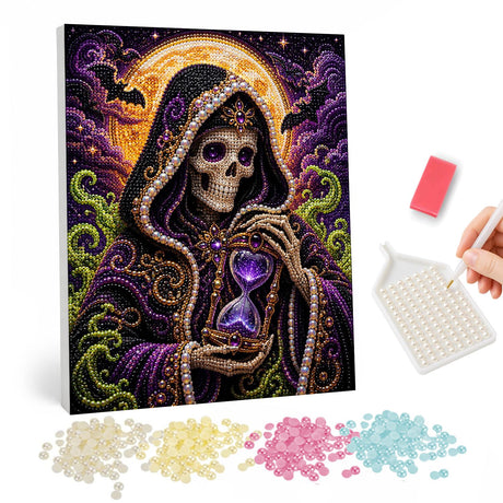 Hooded Reaper with Hourglass pearl painting – Hooded skeleton in a jeweled cloak holding a purple hourglass among green swirls under a full moon