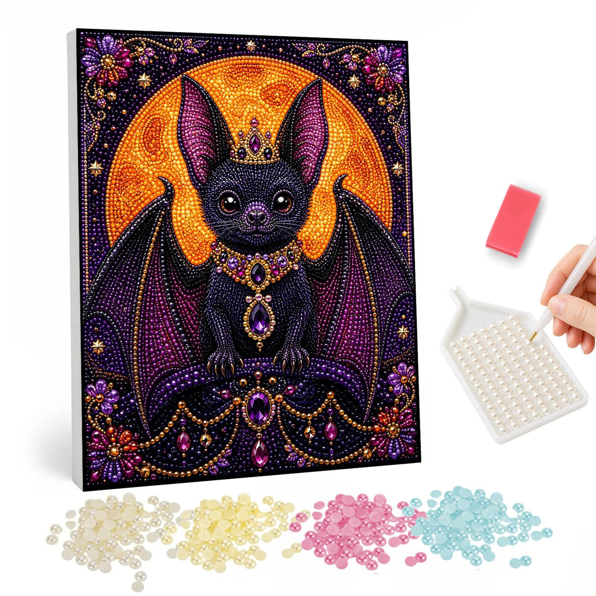 Crowned Bat Before the Moon pearl painting – Fluffy black bat with a tiny crown and jeweled collar spreading its wings before a glowing orange moon