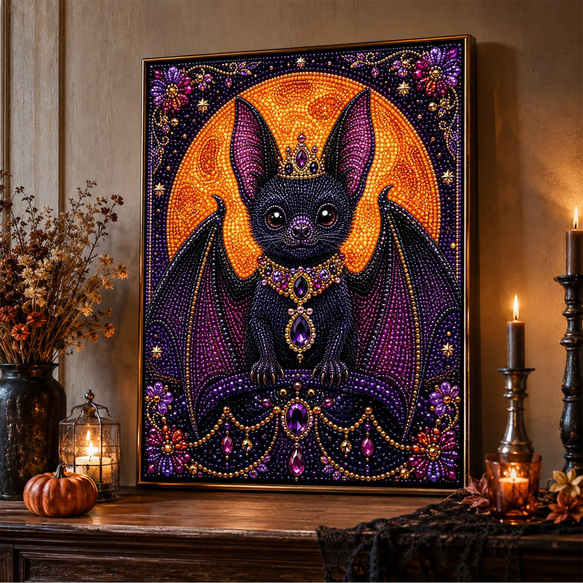 Crowned Bat Before the Moon pearl painting – image 5