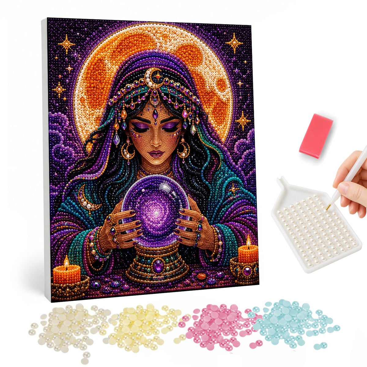Moonlit Fortune Teller pearl painting – Mystic woman in a jeweled headscarf gazing into a glowing violet crystal ball between candles and a moon