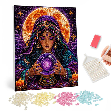 Moonlit Fortune Teller pearl painting – Mystic woman in a jeweled headscarf gazing into a glowing violet crystal ball between candles and a moon