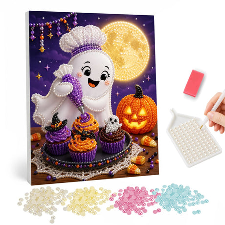 Ghost Baker Piping Cupcakes pearl painting – Cheerful ghost in a chef's hat piping purple frosting onto cupcakes beside a jack-o'-lantern and full moon