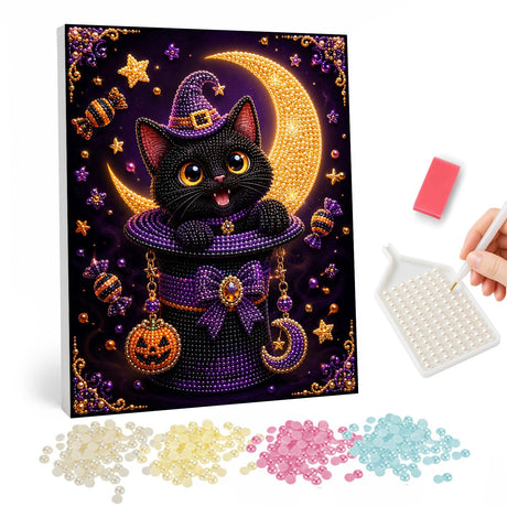 Black Cat Witch Halloween pearl painting – image 1