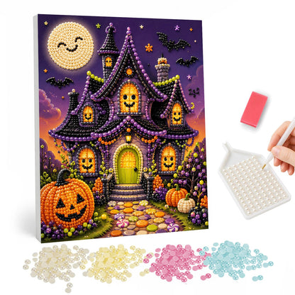 Smiling Moon Haunted Cottage pearl painting – Purple cartoon haunted house with jack-o'-lantern windows, a pumpkin-lined path, bats and a smiling moon
