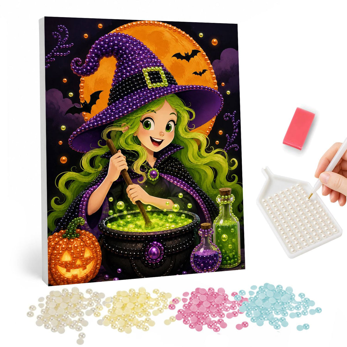 Green-Haired Witch Stirring Potion pearl painting – Smiling witch with long green hair in a purple hat stirring a bubbling green cauldron by potion bottles