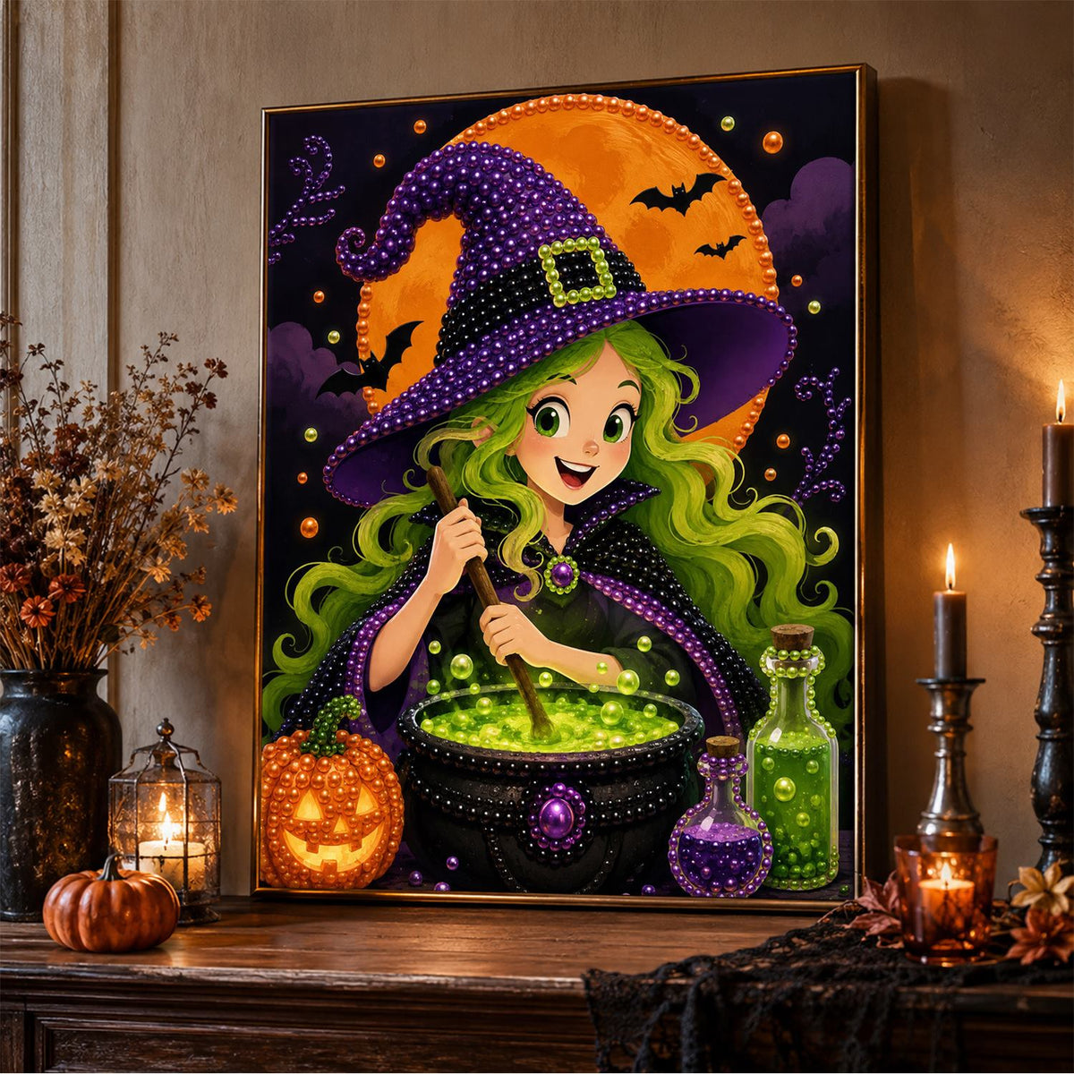 Green-Haired Witch Stirring Potion pearl painting – image 5