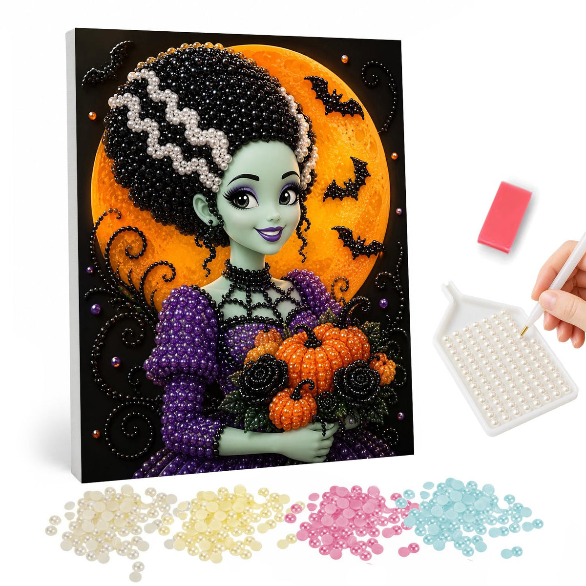 Green Bride with Pumpkin Bouquet pearl painting – Green-skinned bride with tall black and white streaked hair holding pumpkins and black roses before an orange moon