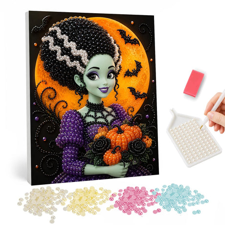 Halloween Girl with Pumpkins pearl painting – image 1