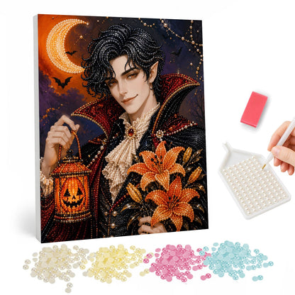 Vampire Gentleman with Lilies pearl painting – Dark-haired vampire in a red-lined cape holding a jack-o'-lantern lamp and orange lilies under a crescent moon
