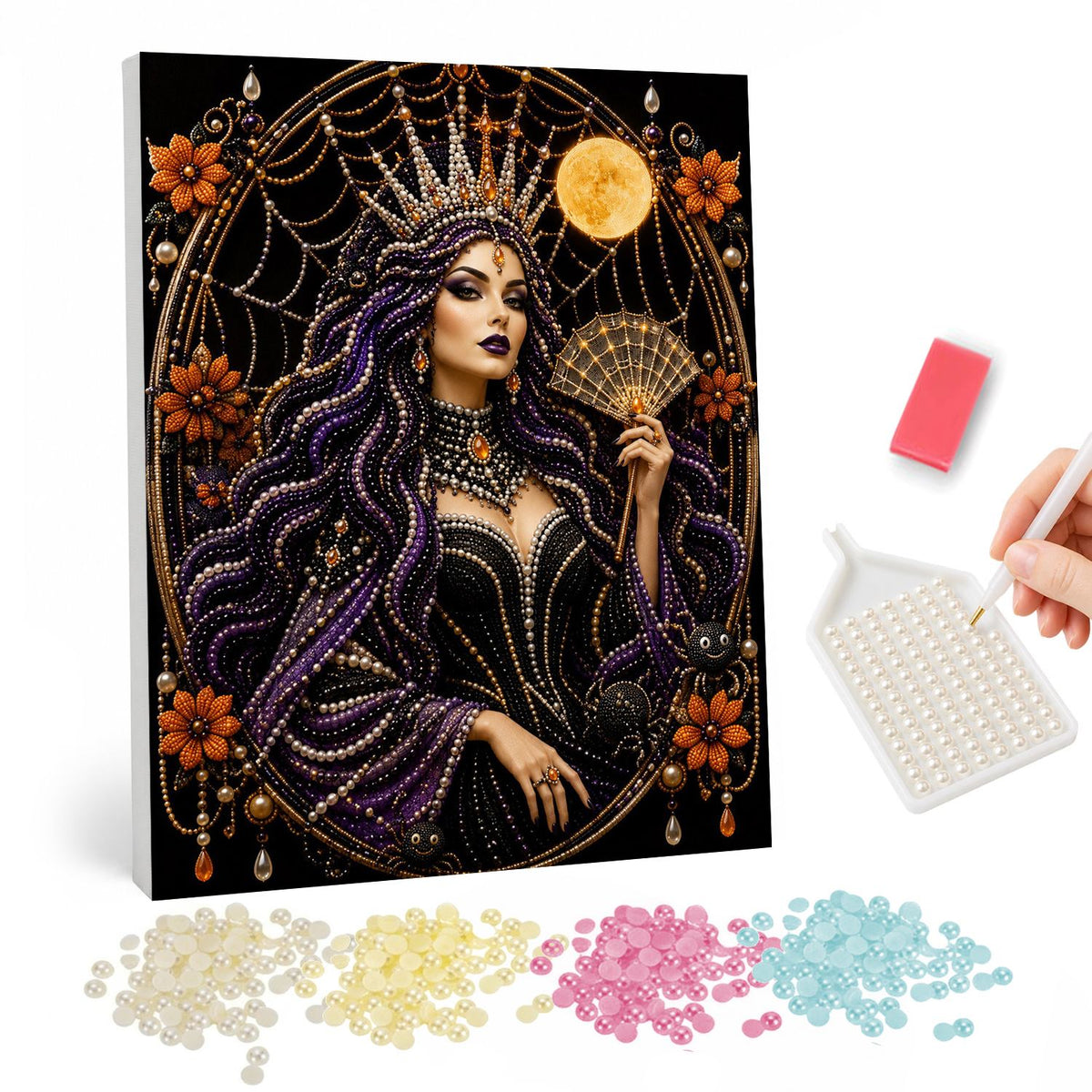 Spider-Web Queen with a Fan pearl painting – Gothic woman in a spiked crown and dark gown holding a folding fan inside a spiderweb arch with orange flowers