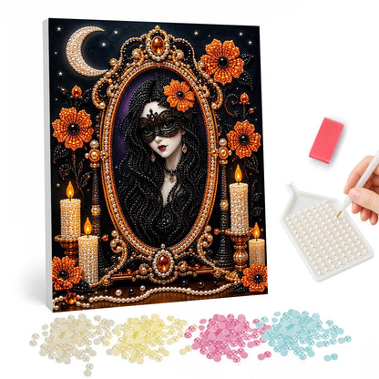 Masked Lady in the Gilded Mirror pearl painting – Dark-haired woman in a black lace mask reflected in an ornate gilded mirror between candles and orange flowers
