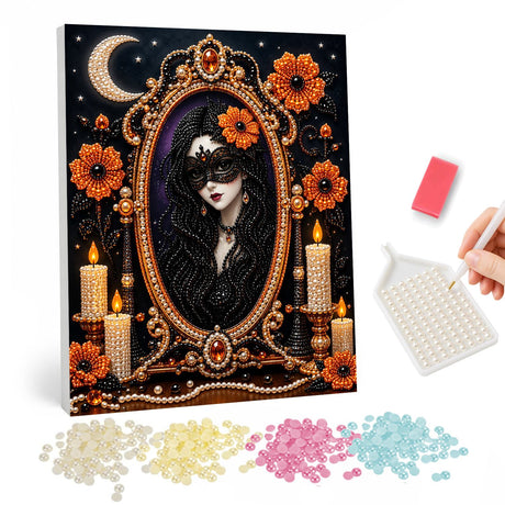 Masked Woman with Candles and Orange Flowers pearl painting – image 1