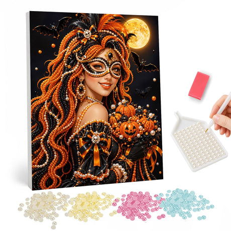 Halloween Masquerade Woman with Pumpkins pearl painting – image 1