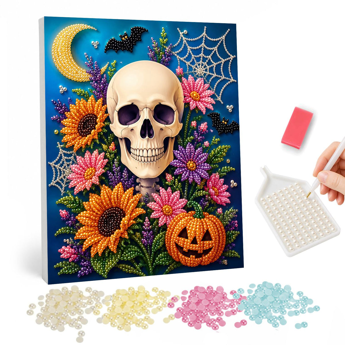 Sunflower Skull and Crescent Moon pearl painting – Front-facing skull framed by sunflowers, pink daisies and lavender with a jack-o'-lantern, bats and crescent moon