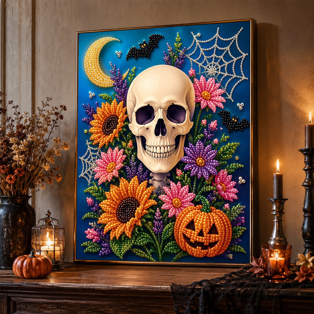 Sunflower Skull and Crescent Moon pearl painting – image 2