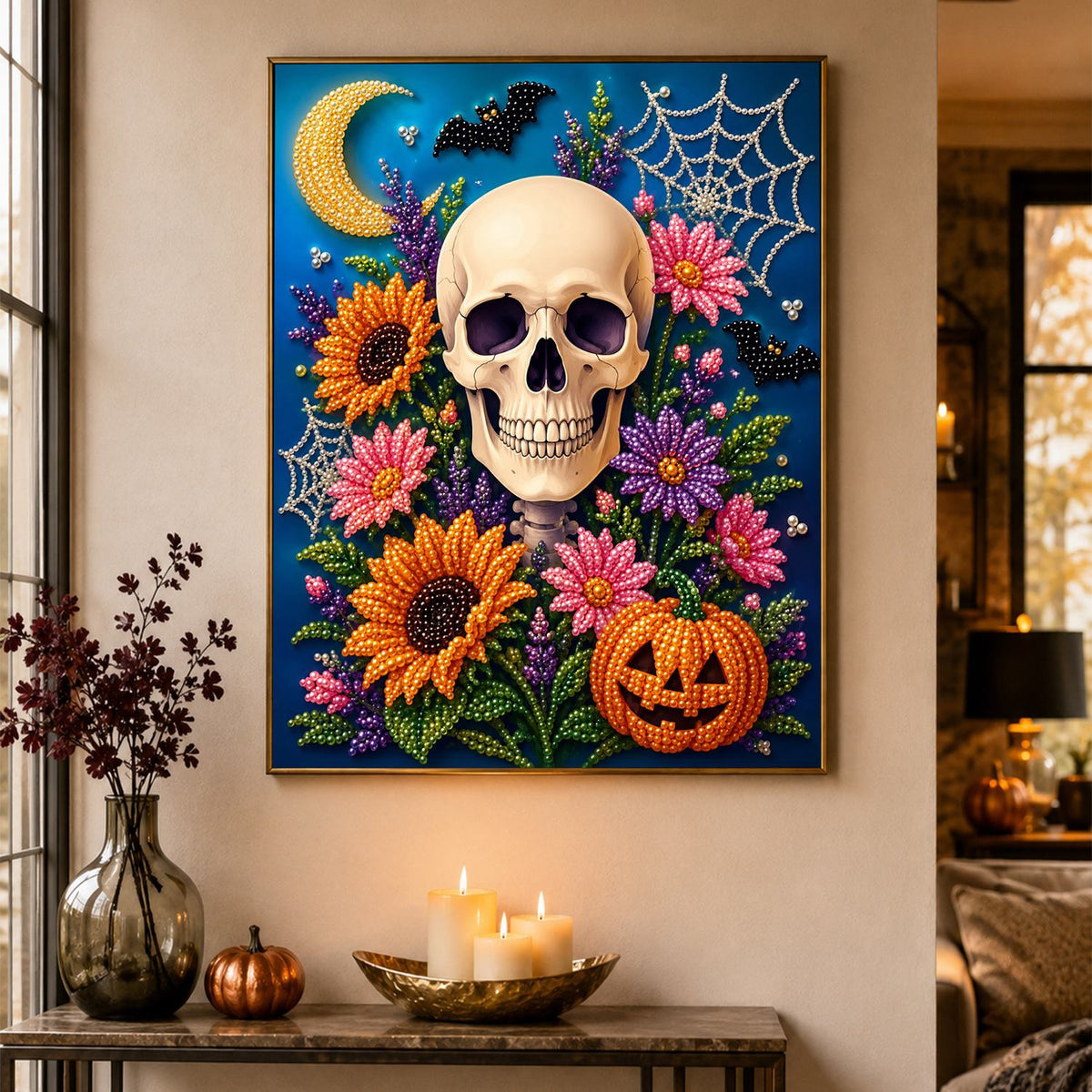 Sunflower Skull and Crescent Moon pearl painting – image 4