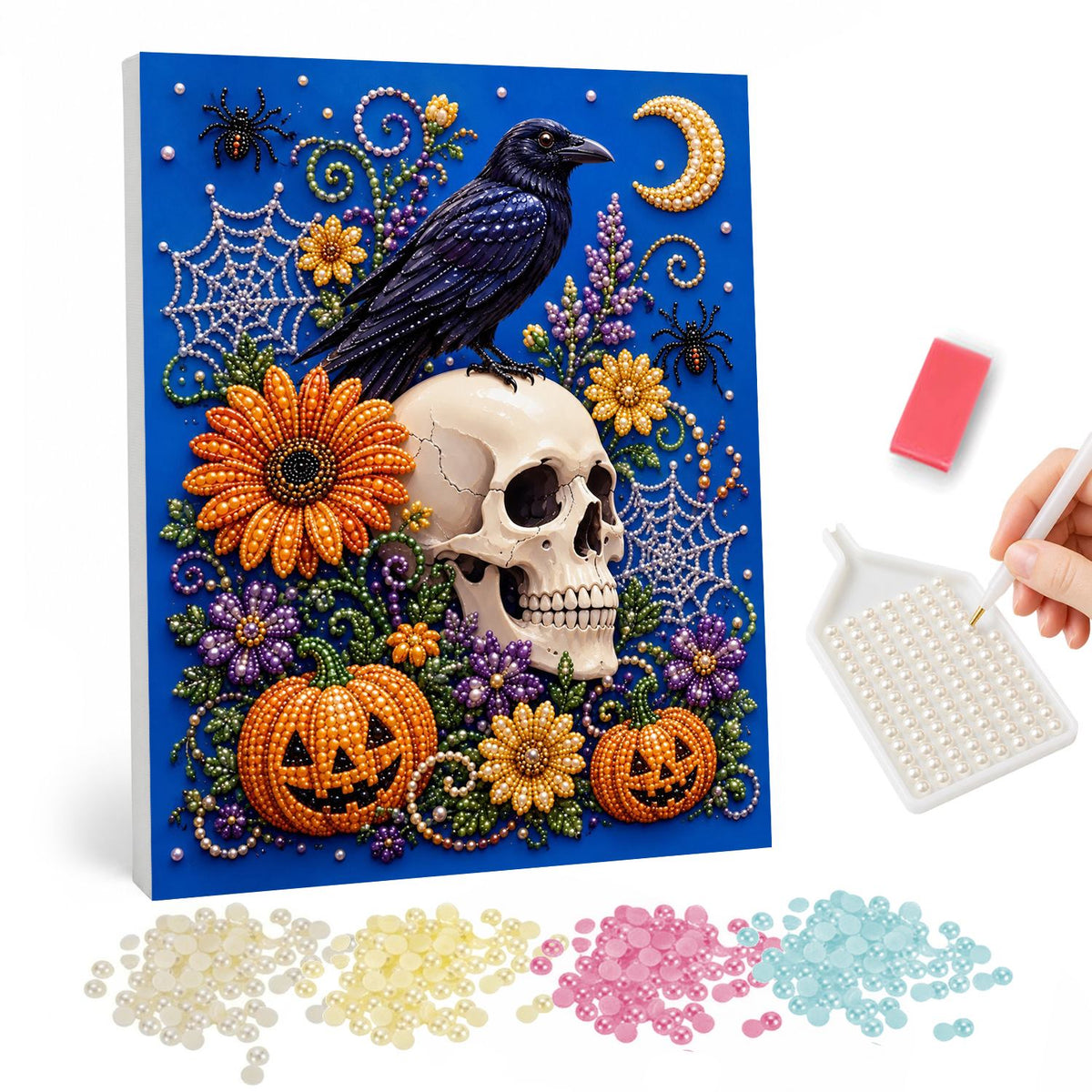 Raven Perched on a Floral Skull pearl painting – Black raven perched on a skull among sunflowers, jack-o'-lanterns, spiders and webs under a crescent moon