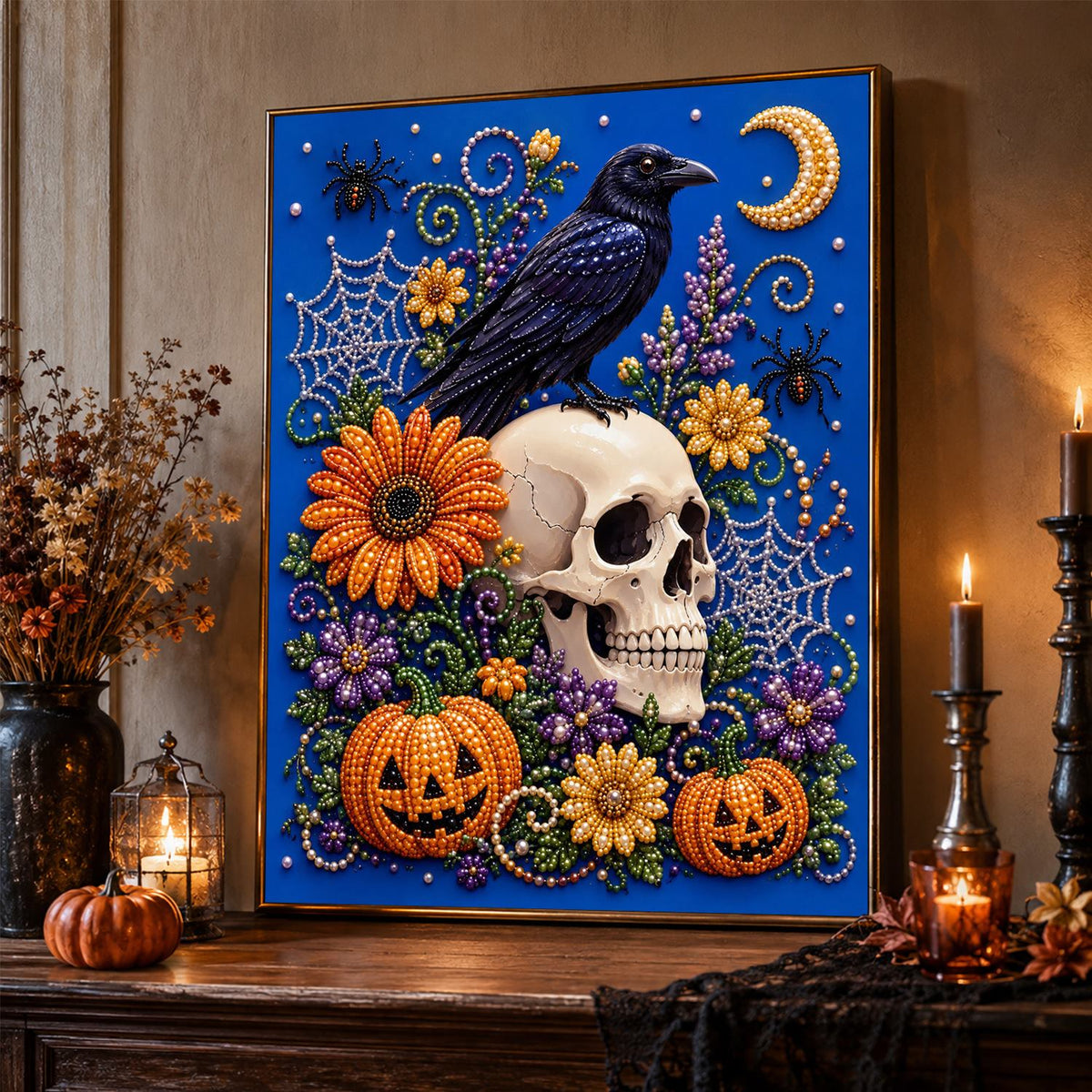 Raven Perched on a Floral Skull pearl painting – image 2
