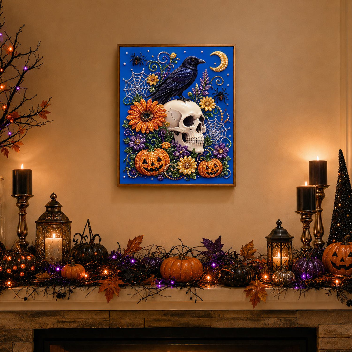 Raven Perched on a Floral Skull pearl painting – image 3