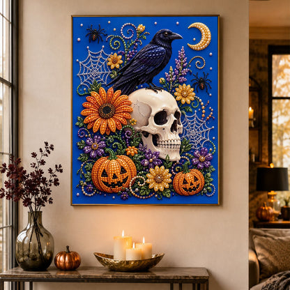 Raven Perched on a Floral Skull pearl painting – image 4