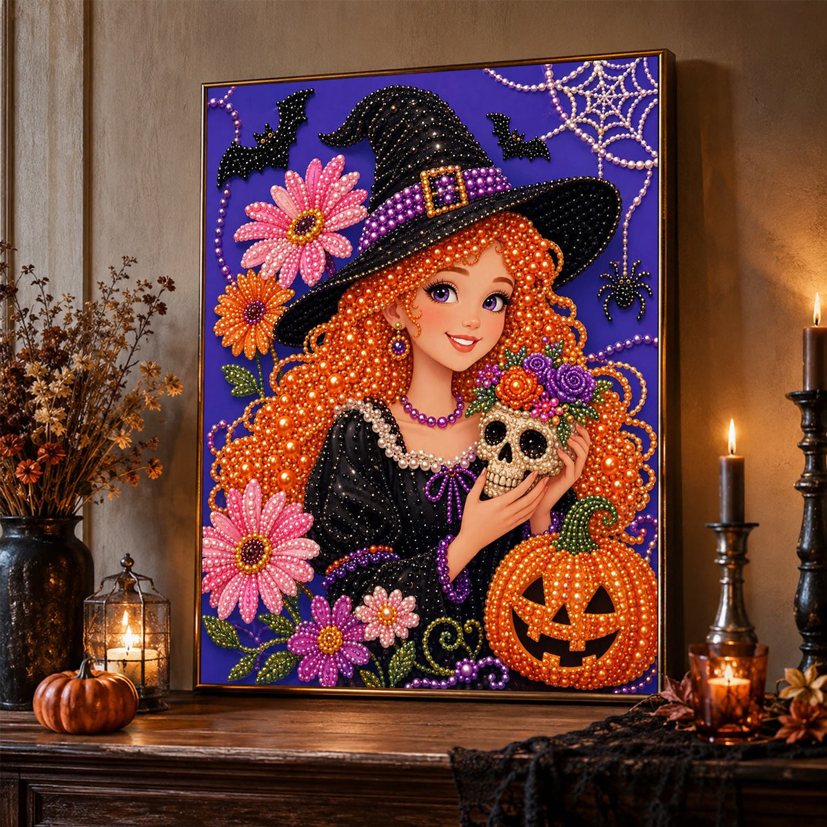 Red-Haired Witch Holding a Skull pearl painting – image 2