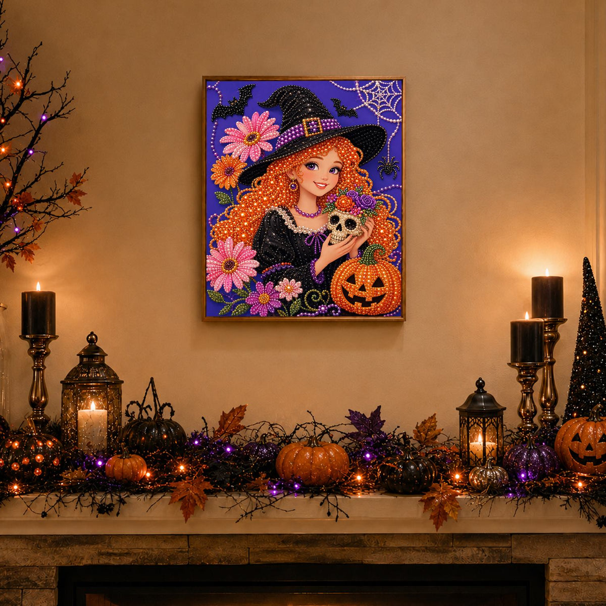 Red-Haired Witch Holding a Skull pearl painting – image 3